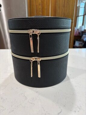 Lancome Black Round Double-Deck Cosmetic Case with Gold Zippers